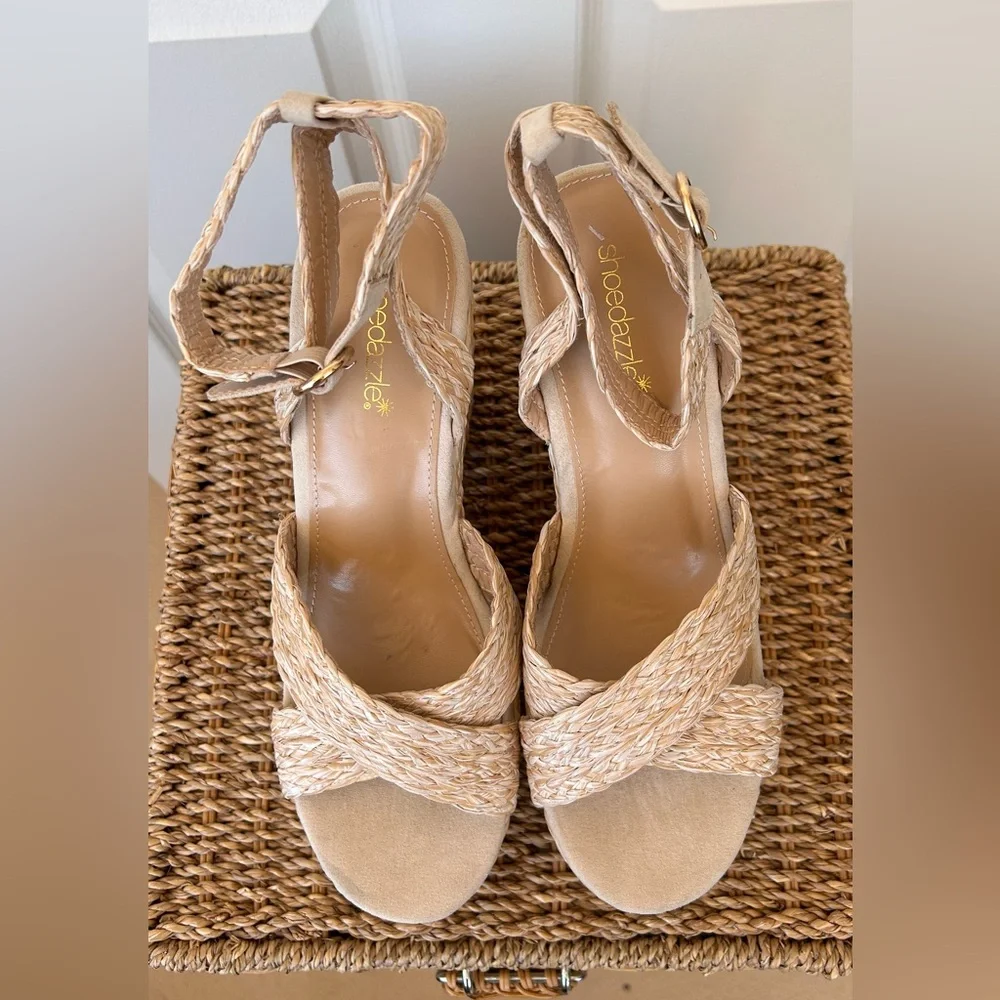 Shoedazzle Raffia Platform Wedge Ankle Strap‎ Size 10